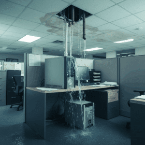 Serveur informatique inondé sous l'eau — illustration d'un sinistre majeur nécessitant un Plan de Reprise d'Activité (PRA)