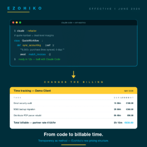 New Ezohiko pricing structure: Claude Code terminal on top, billable time tracking at the bottom, illustrating the move to transparent billing from 1 June 2026