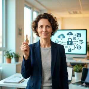 Dirigeant serein tenant une clé, symbole de la propriété de son informatique — Ezohiko