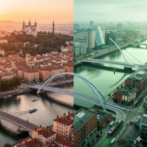 Skylines de Lyon et Dublin reliées par un pont — Ezohiko, interlocuteur IT unique entre la France et l'Irlande